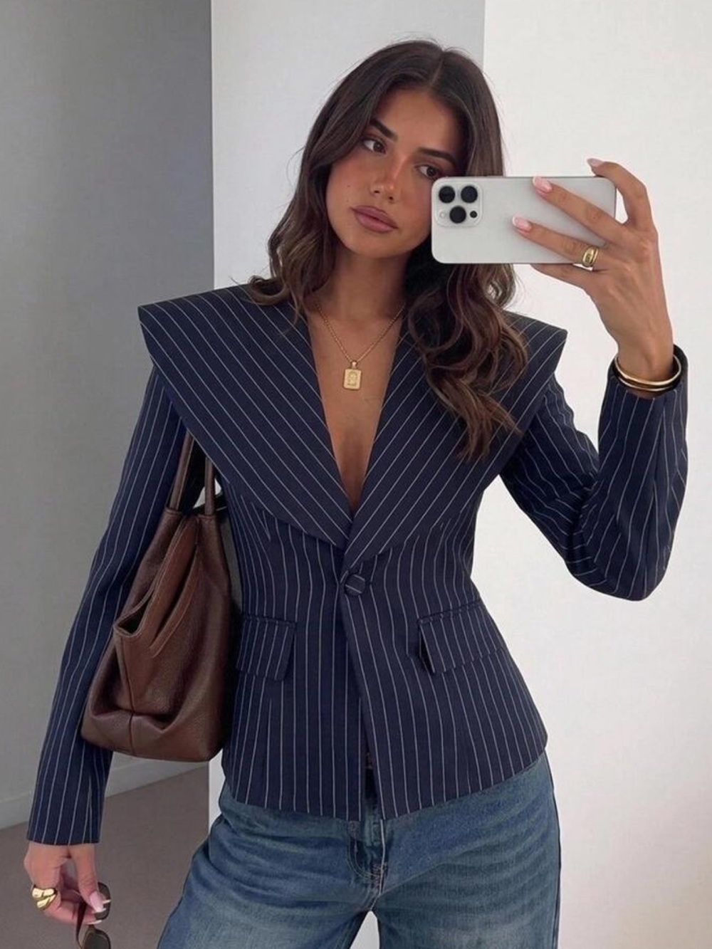Siren Gaze Women's Chic Elegant Navy Blue Striped Blazer With Lapel Collar, Slim - Picture 3 of 4